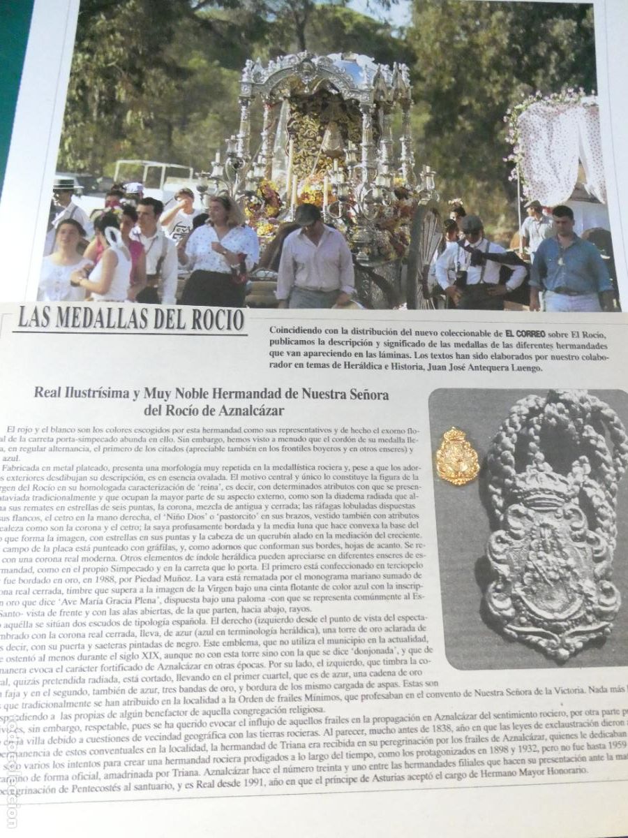 Antig&uuml;edades: INSIGNIA MEDALLITA ROCIERA + L&Aacute;MINA + HISTORIA MEDALLA. HERMANDAD VIRGEN ROC&Iacute;O 31 AZNALCAZAR SEVILLA