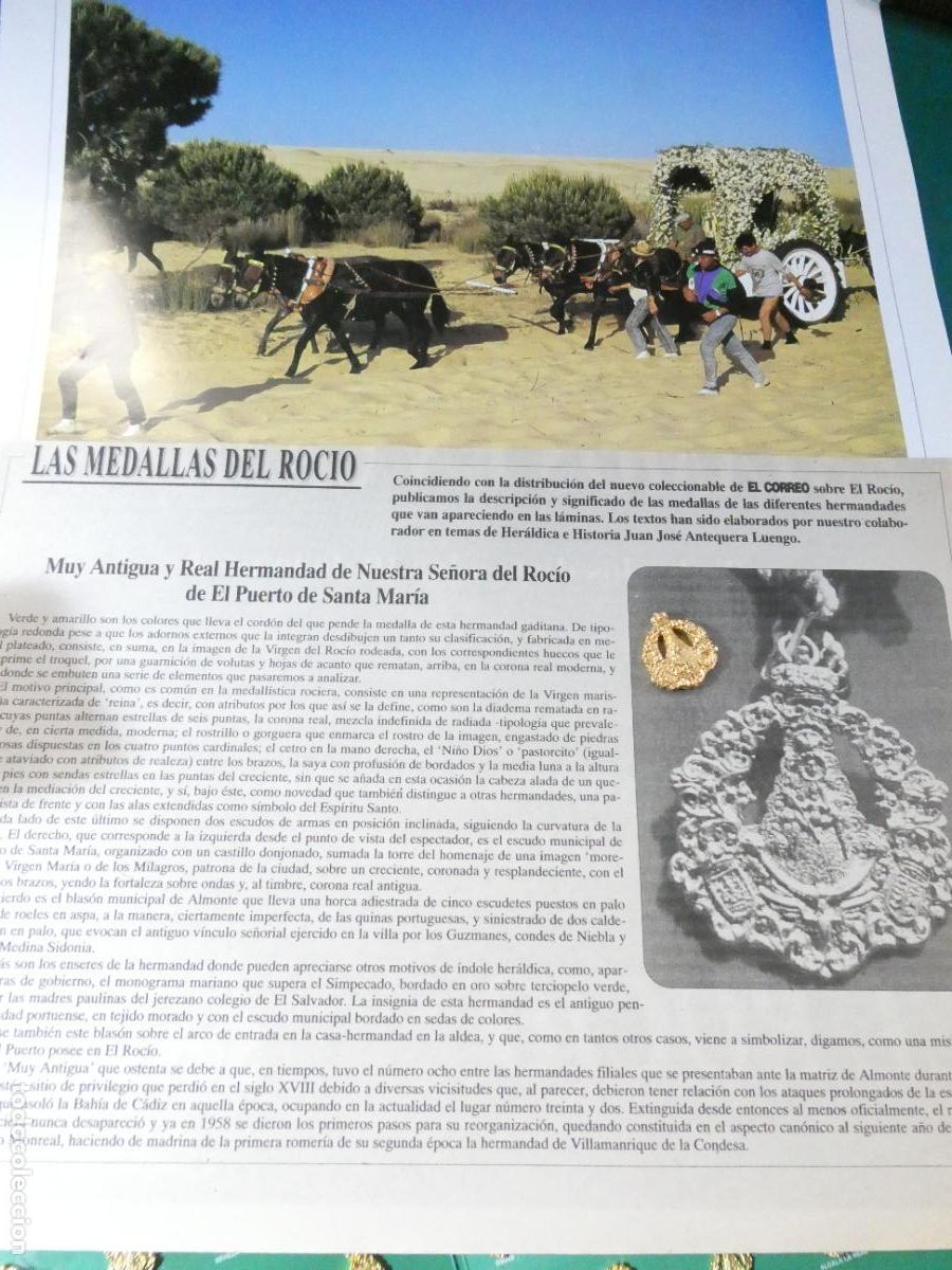 Antig&uuml;edades: INSIGNIA MEDALLITA ROCIERA + L&Aacute;MINA + HISTORIA MEDALLA. HERMANDAD VIRGEN ROC&Iacute;O 32 PUERTO SANTA MAR&Iacute;A