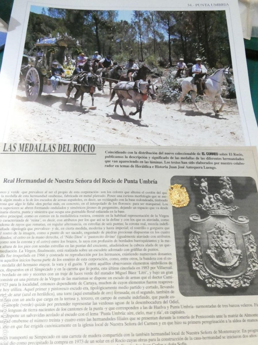 Antig&uuml;edades: INSIGNIA MEDALLITA ROCIERA + L&Aacute;MINA + HISTORIA MEDALLA HERMANDAD VIRGEN ROC&Iacute;O 34 PUNTA UMBR&Iacute;A HUELVA