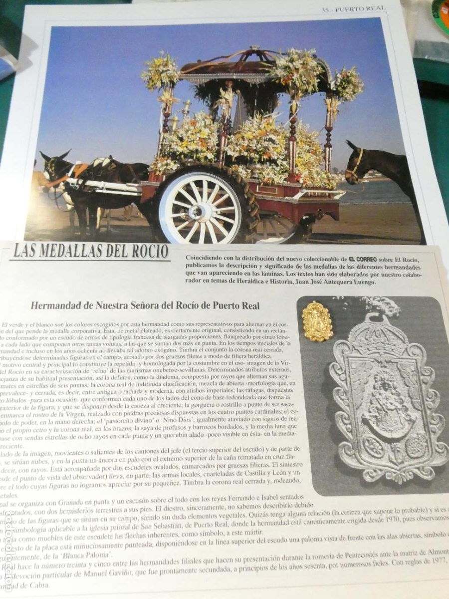 Antig&uuml;edades: INSIGNIA MEDALLITA ROCIERA + L&Aacute;MINA + HISTORIA MEDALLA HERMANDAD VIRGEN ROC&Iacute;O 35 PUERTO REAL C&Aacute;DIZ