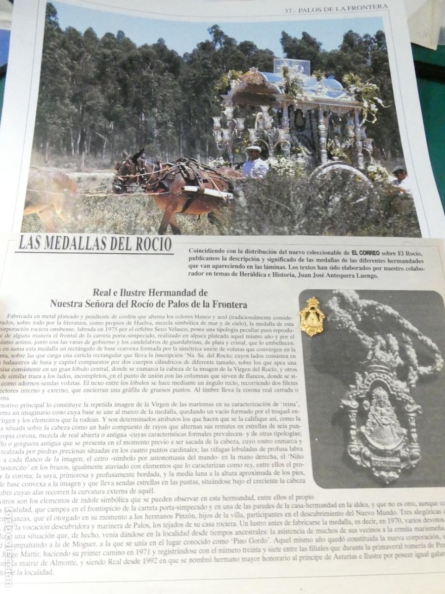 Antig&uuml;edades: INSIGNIA MEDALLITA ROCIERA + L&Aacute;MINA + HISTORIA MEDALLA HERMANDAD VIRGEN ROC&Iacute;O 37 PALOS LA FRONTERA
