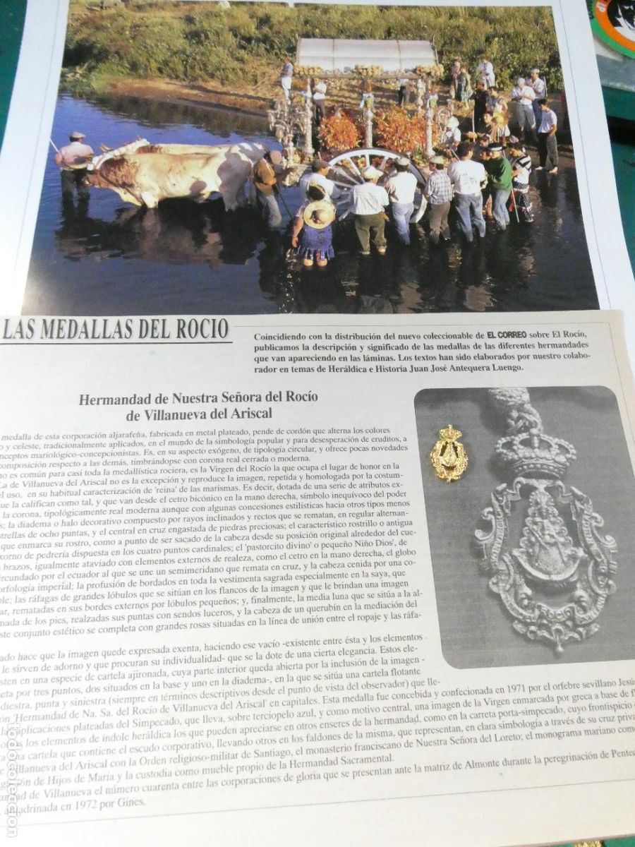 Antig&uuml;edades: INSIGNIA MEDALLITA ROCIERA + L&Aacute;MINA + HISTORIA MEDALLA HERMANDAD VIRGEN ROC&Iacute;O 40 VILLANUEVA ARISCAL