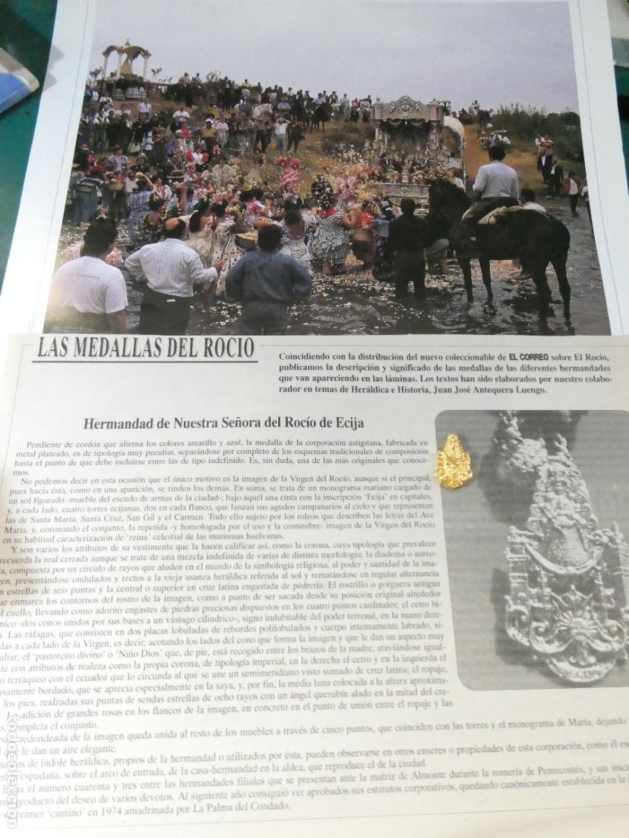 Antig&uuml;edades: INSIGNIA MEDALLITA ROCIERA + L&Aacute;MINA + HISTORIA MEDALLA HERMANDAD VIRGEN ROC&Iacute;O 43 ECIJA SEVILLA