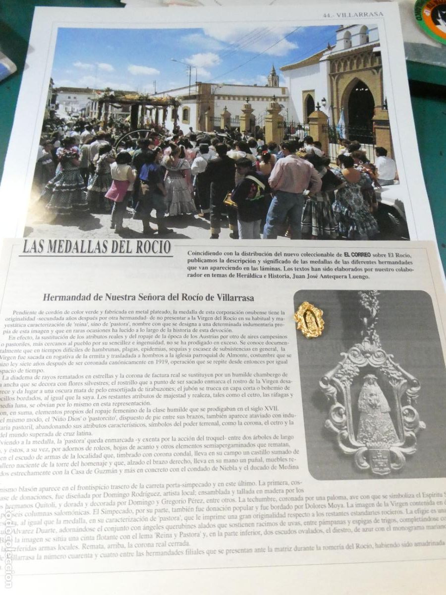 Antig&uuml;edades: INSIGNIA MEDALLITA ROCIERA + L&Aacute;MINA + HISTORIA MEDALLA HERMANDAD VIRGEN ROC&Iacute;O 44 VILLARRASA HUELVA
