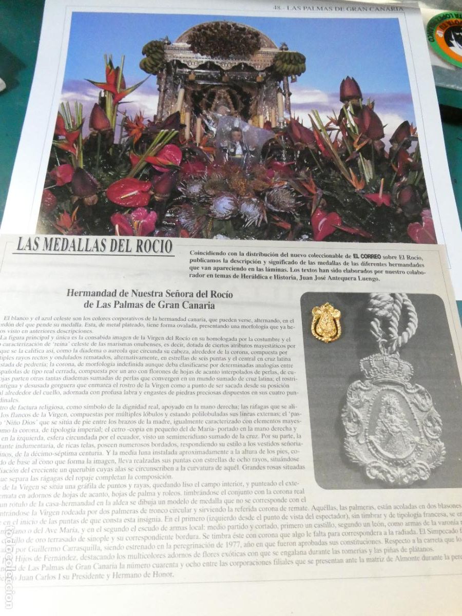 Antig&uuml;edades: INSIGNIA MEDALLITA ROCIERA + L&Aacute;MINA + HISTORIA MEDALLA HERMANDAD VIRGEN ROC&Iacute;O 48 PALMAS GRAN CANARIA