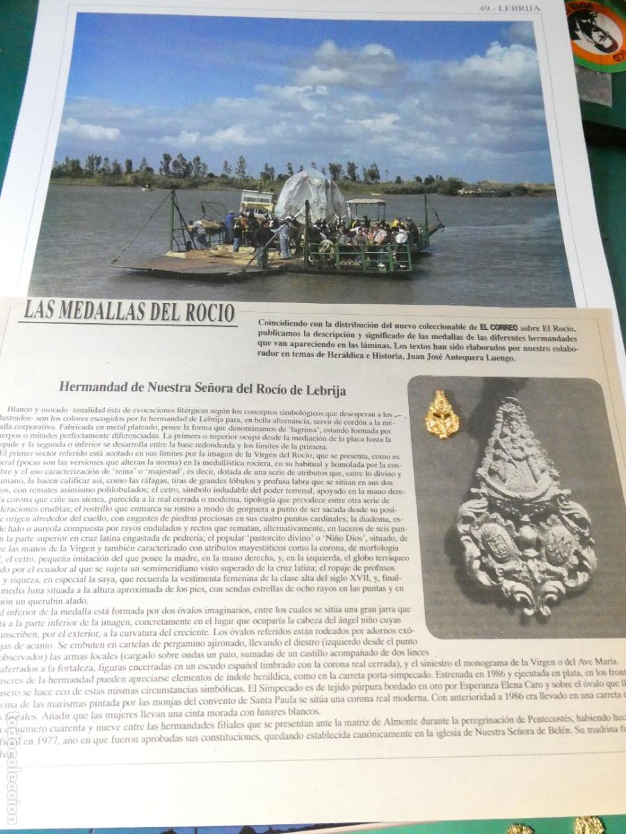 Antig&uuml;edades: INSIGNIA MEDALLITA ROCIERA + L&Aacute;MINA + HISTORIA MEDALLA HERMANDAD VIRGEN ROC&Iacute;O 49 LEBRIJA SEVILLA