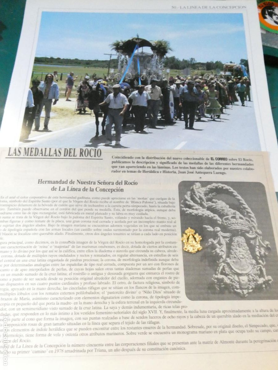 Antig&uuml;edades: INSIGNIA MEDALLITA ROCIERA + L&Aacute;MINA + HISTORIA MEDALLA HERMANDAD VIRGEN ROC&Iacute;O 50 L&Iacute;NEA CONCEPCI&Oacute;N