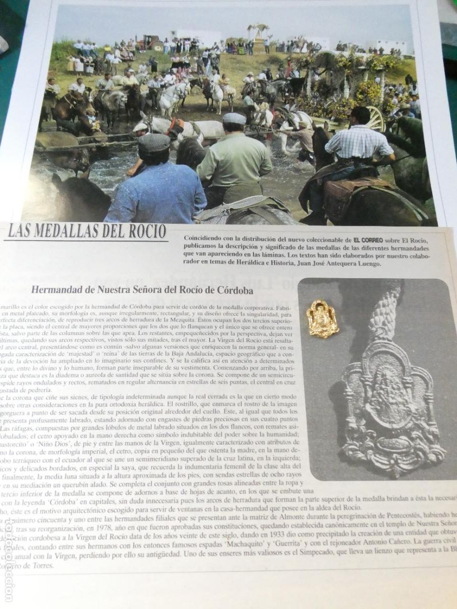 Antig&uuml;edades: INSIGNIA MEDALLITA ROCIERA + L&Aacute;MINA + HISTORIA MEDALLA HERMANDAD VIRGEN ROC&Iacute;O 51 C&Oacute;RDOBA