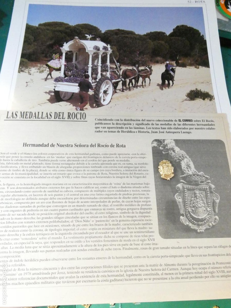 Antig&uuml;edades: INSIGNIA MEDALLITA ROCIERA + L&Aacute;MINA + HISTORIA MEDALLA HERMANDAD VIRGEN ROC&Iacute;O 52 ROTA C&Aacute;DIZ