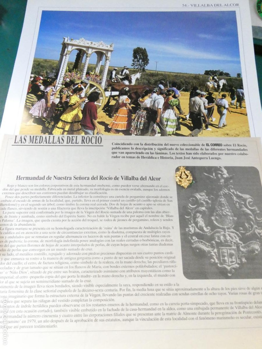 Antig&uuml;edades: INSIGNIA MEDALLITA ROCIERA + L&Aacute;MINA + HISTORIA MEDALLA HERMANDAD VIRGEN ROC&Iacute;O 54 VILLALBA DEL ALCOR