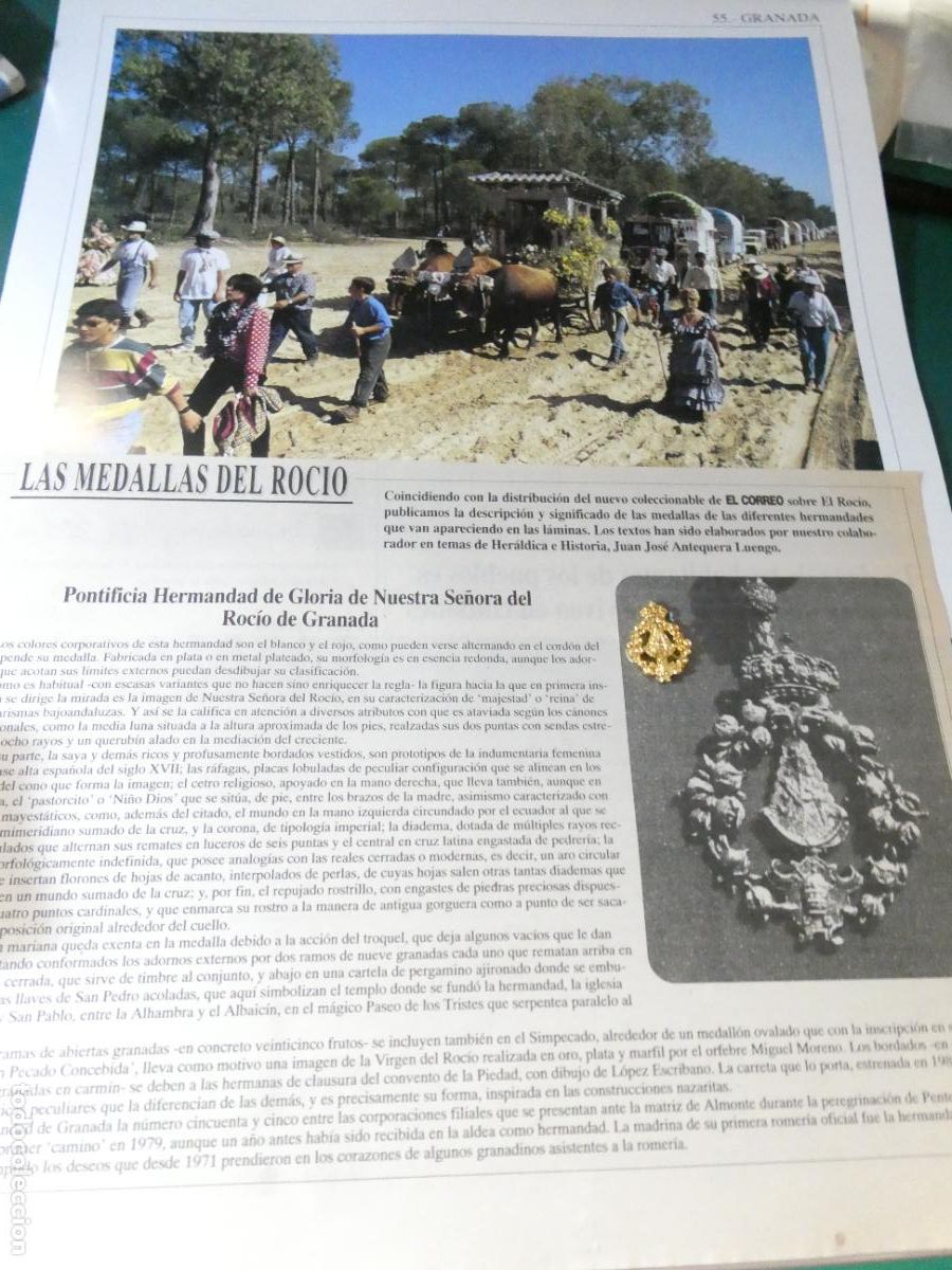 Antig&uuml;edades: INSIGNIA MEDALLITA ROCIERA + L&Aacute;MINA + HISTORIA MEDALLA HERMANDAD VIRGEN ROC&Iacute;O 55 GRANADA