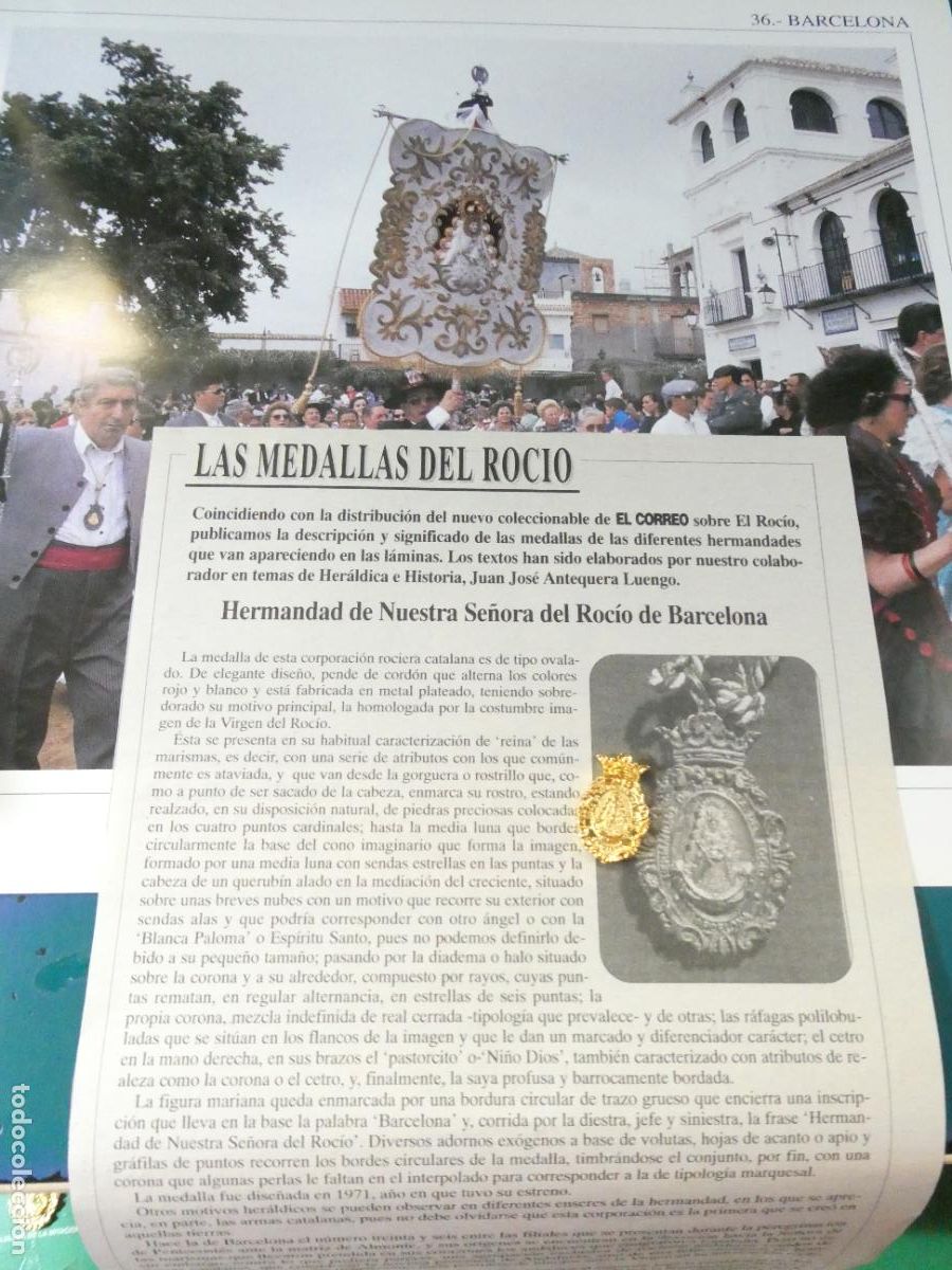 Antig&uuml;edades: INSIGNIA MEDALLITA ROCIERA + L&Aacute;MINA + HISTORIA MEDALLA HERMANDAD VIRGEN ROC&Iacute;O 36 BARCELONA