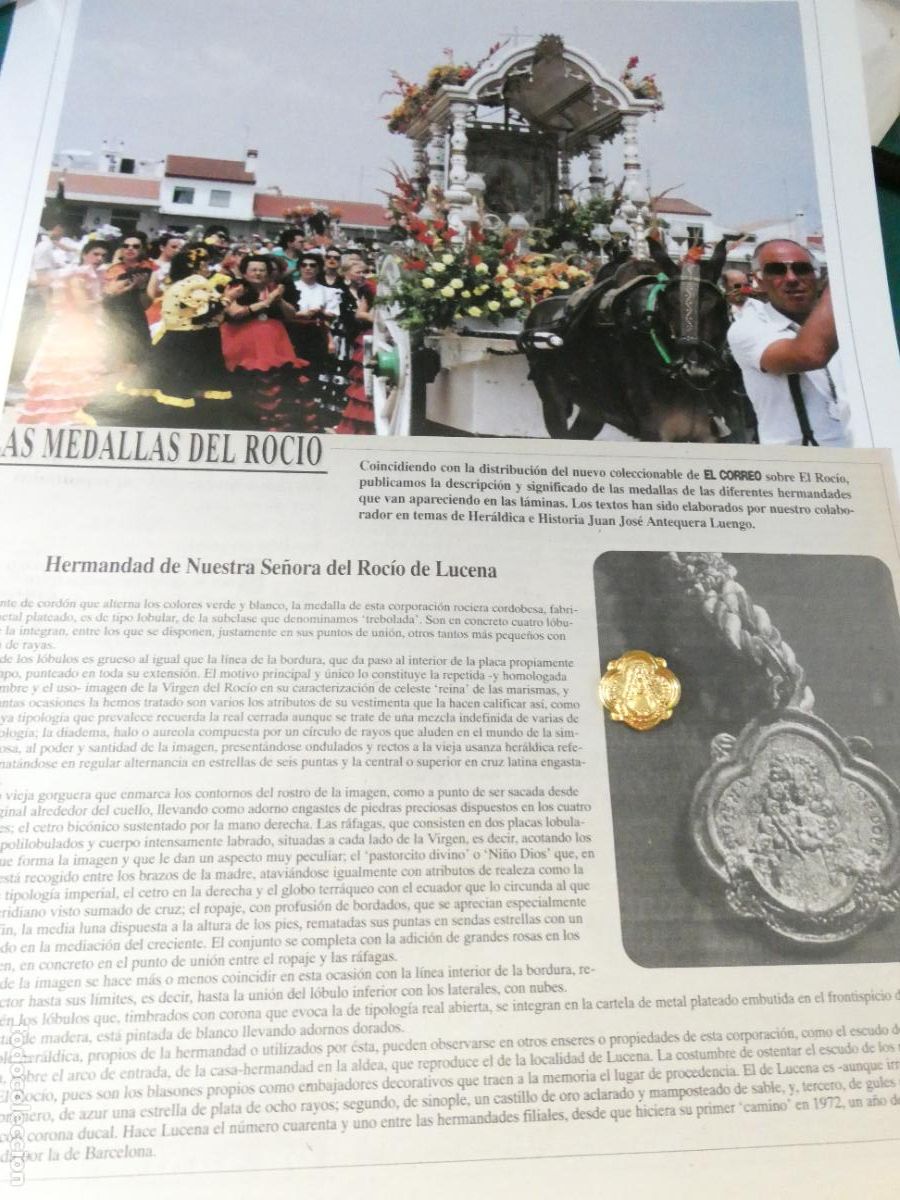 Antig&uuml;edades: INSIGNIA MEDALLITA ROCIERA + L&Aacute;MINA + HISTORIA MEDALLA HERMANDAD VIRGEN ROC&Iacute;O 41 LUCENA C&Oacute;RDOBA