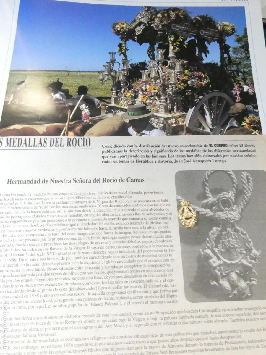 Antig&uuml;edades: INSIGNIA MEDALLITA ROCIERA + L&Aacute;MINA + HISTORIA MEDALLA HERMANDAD VIRGEN ROC&Iacute;O 47 CAMAS SEVILLA