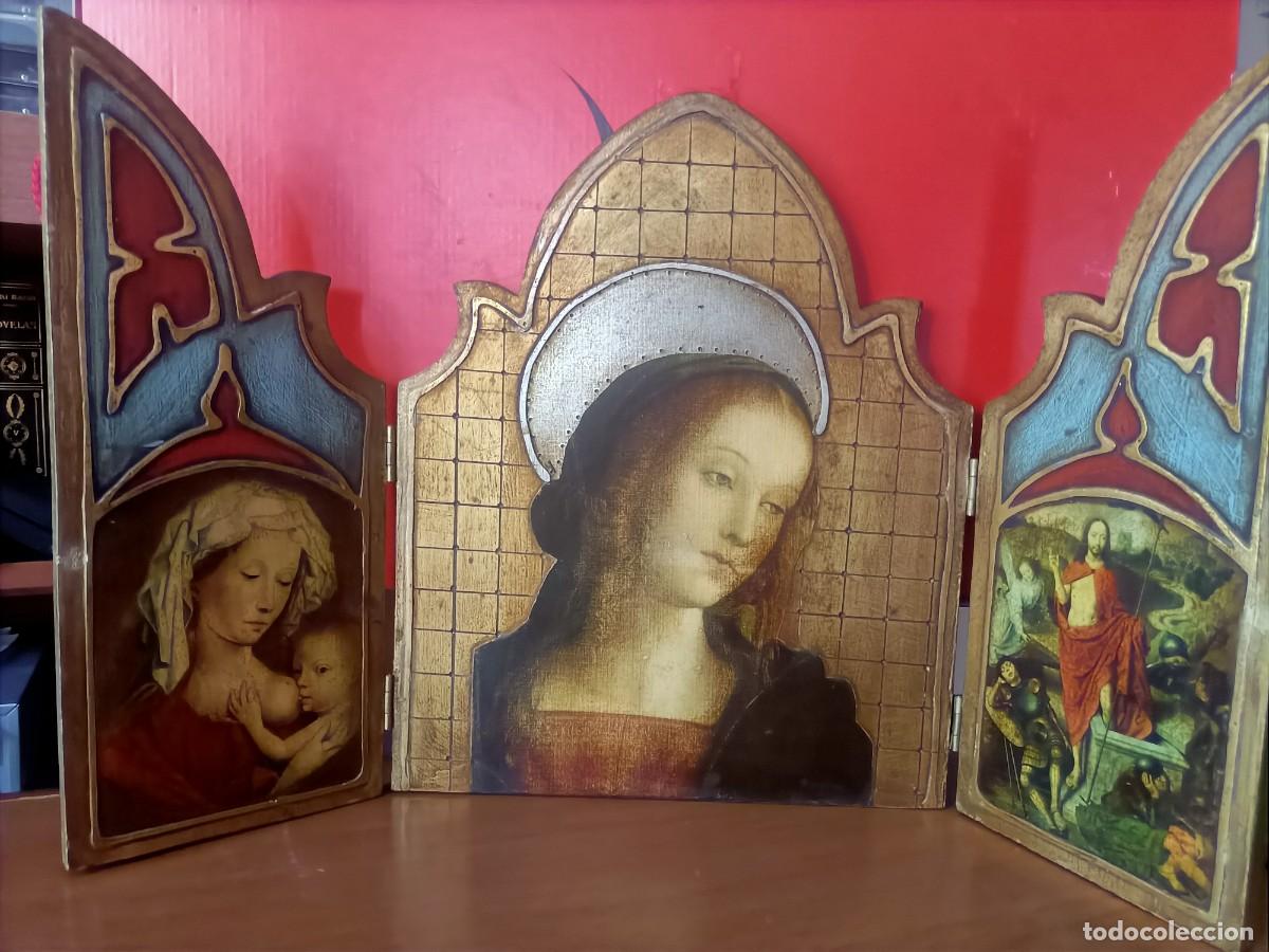 Antiguidades: ANTIQUISIMO RETABLO TRIPTICO RELIGIOSO, EN MADERA INGLESA CON PAN DE ORO HECHO ARTESANAL. 52X32 CM.