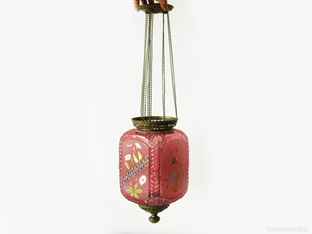Antiquit&auml;ten: L&Aacute;MPARA SUBE Y BAJA TIPO FAROL EN CRISTAL CON TULIPA DE DIBUJOS AL ESMALTE. C 1875. MOONLIGHT SAMPLE