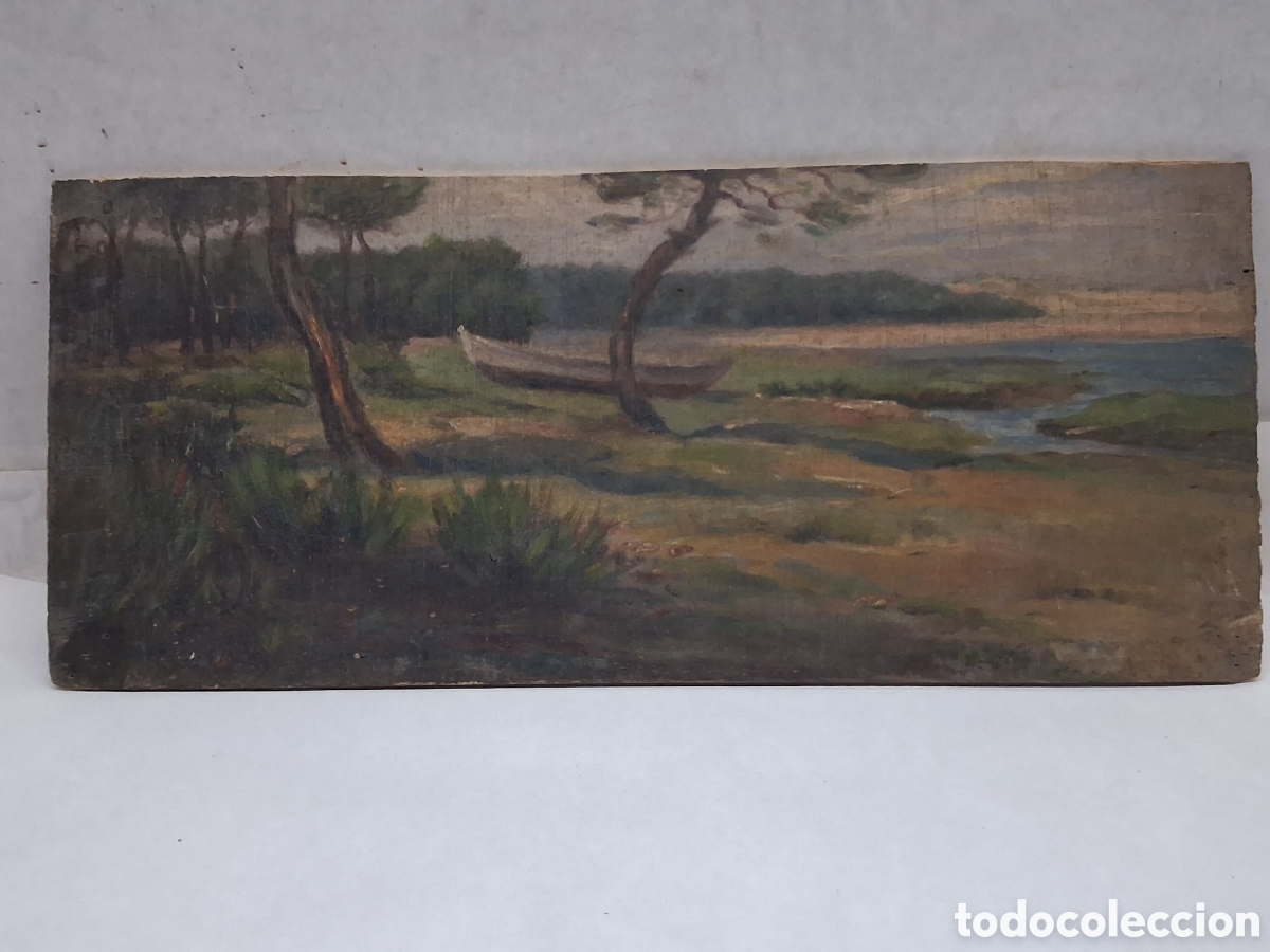 Antig&uuml;edades: Tabla pintada barca y lago