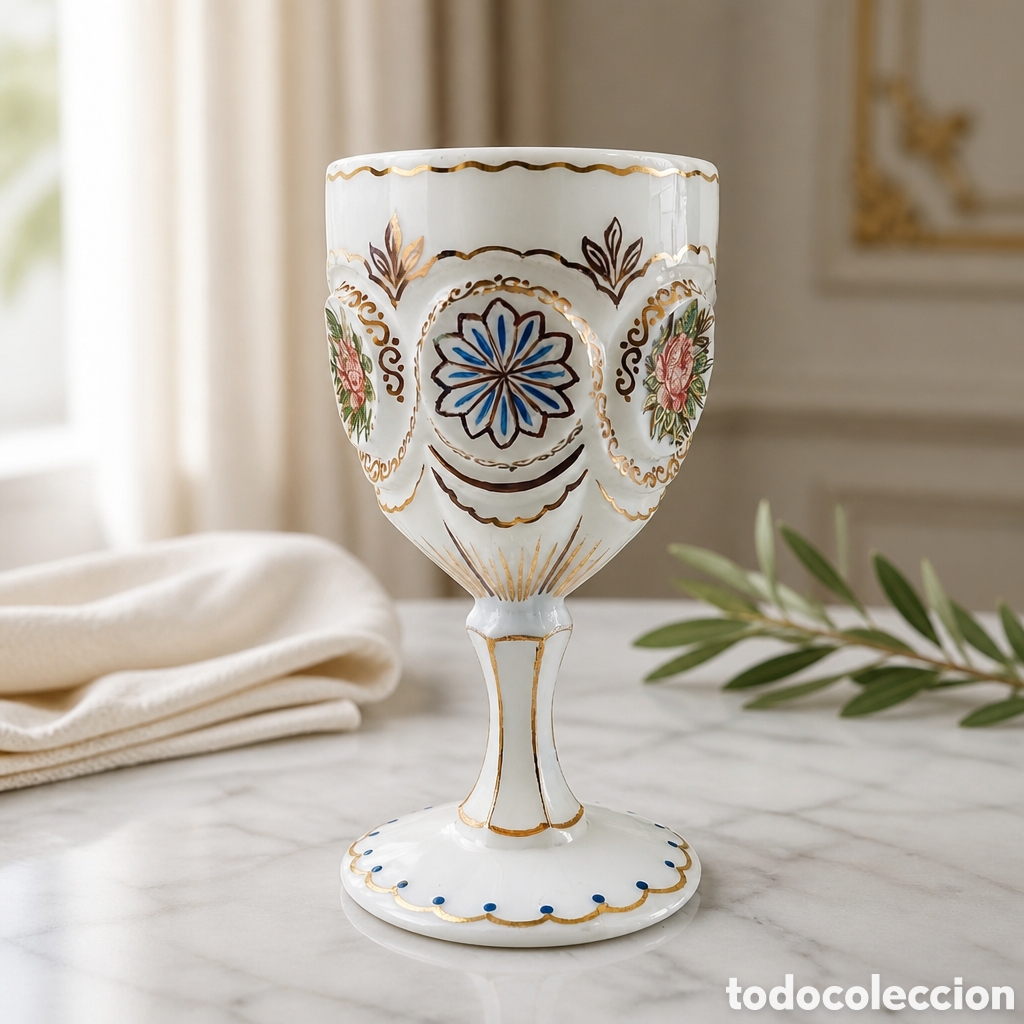 Antig&uuml;edades: COPA , CALIZ CRISTAL DE OPALINA Y DECORACIONES FLORALES PINTADAS A MANO . SIGLO XIX