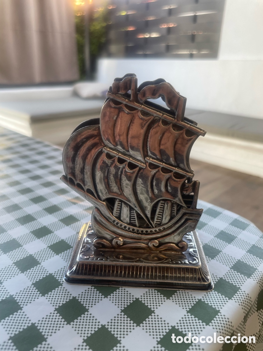 Antig&uuml;edades: Antiguo servilletero Primans Sweden plateado con velero &ndash; Dise&ntilde;o escandinavo