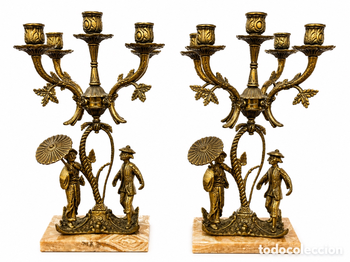 Antig&uuml;edades: Candelabros japonistas By Barbediennde en bronce macizo y base de &oacute;nix Francia principios S.XX