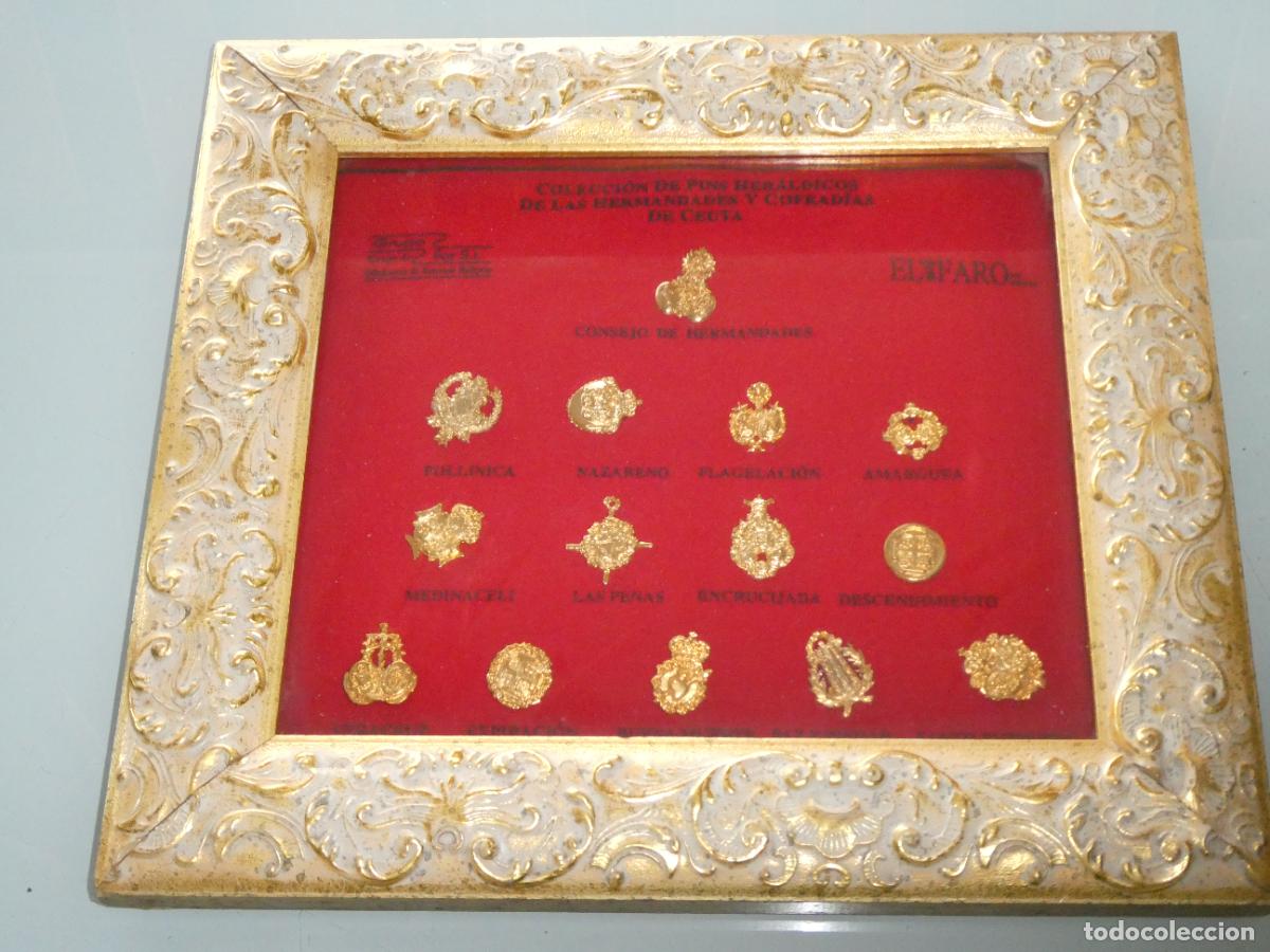 Antig&uuml;edades: CUADRO RELIGIOSO SEMANA SANTA CEUTA 14 PINS INSIGNIAS HERMANDADES Y COFRAD&Iacute;AS. 32CM 520GR