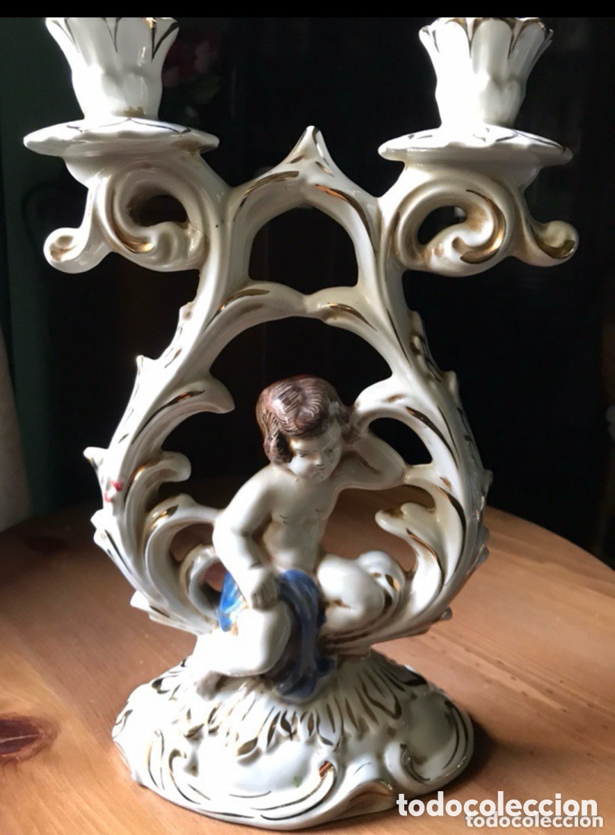 Antig&uuml;edades: CANDELABRO CAPODIMONTE , CON QUERUB&Iacute;N ANTIGUO - Foto 1