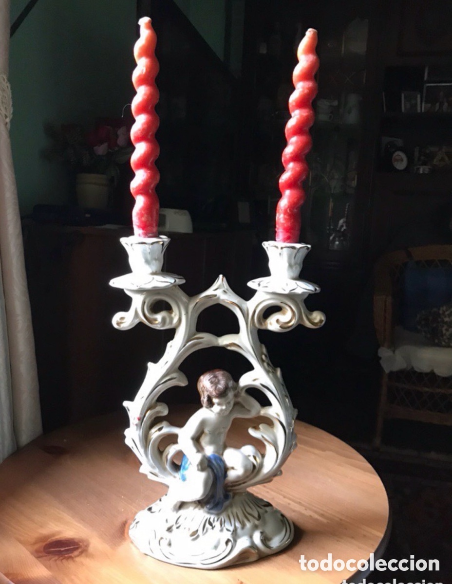 Antig&uuml;edades: CANDELABRO CAPODIMONTE , CON QUERUB&Iacute;N ANTIGUO - Foto 2