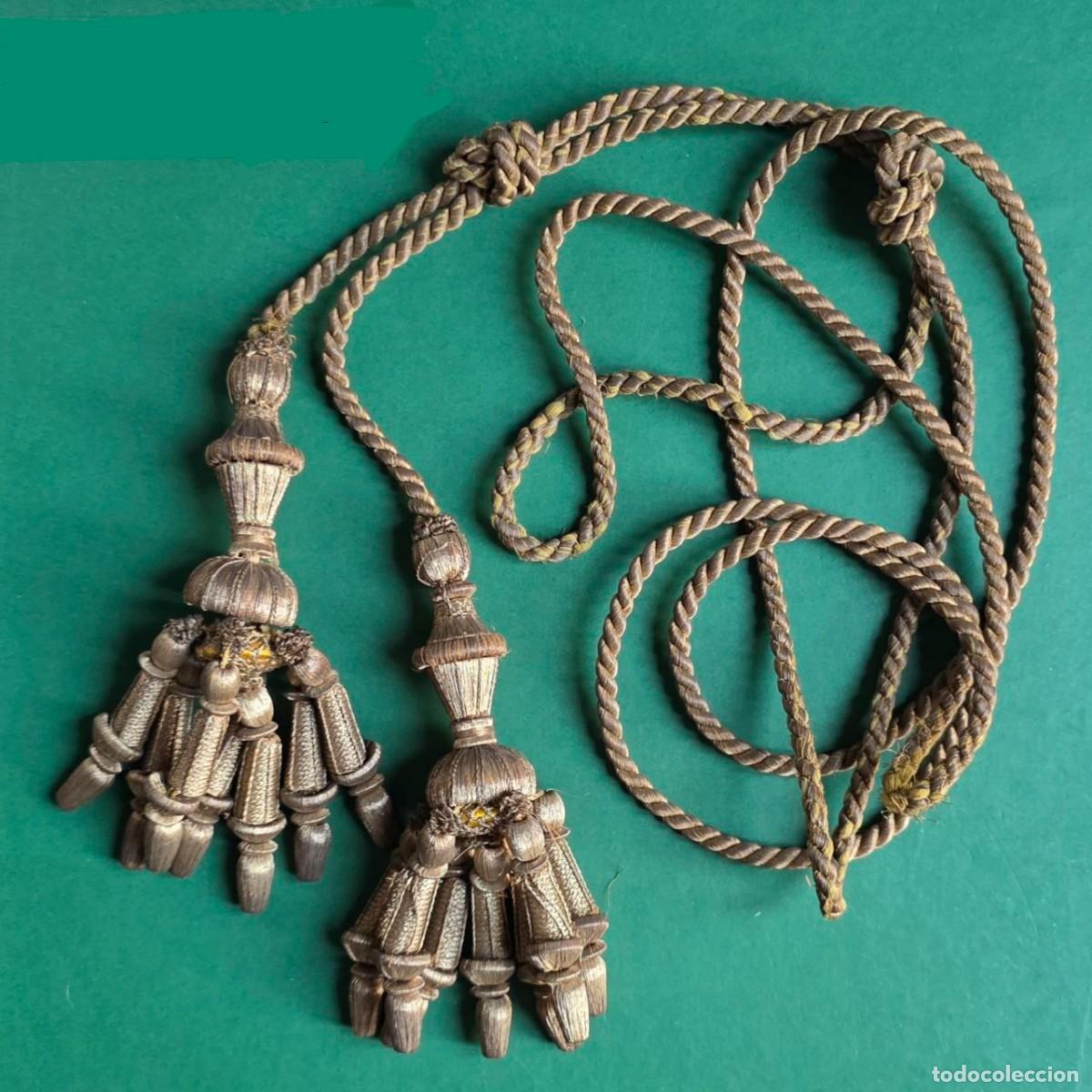 Antiguidades: Antiguo Cord&oacute;n Estandarte Met&aacute;lico Borlas Bellota s.XIX m&aacute;s de 2,5 metros