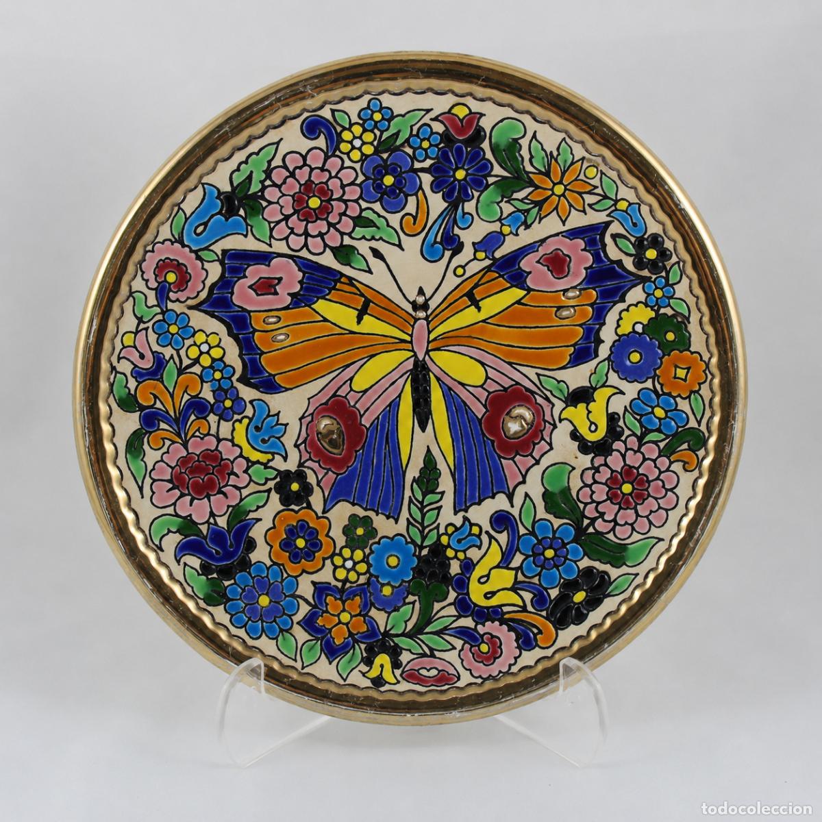 Antig&uuml;edades: Plato Cer&aacute;mica CEARCO Triana Sevilla Mariposa Oro 24K Pintado Mano Vintage