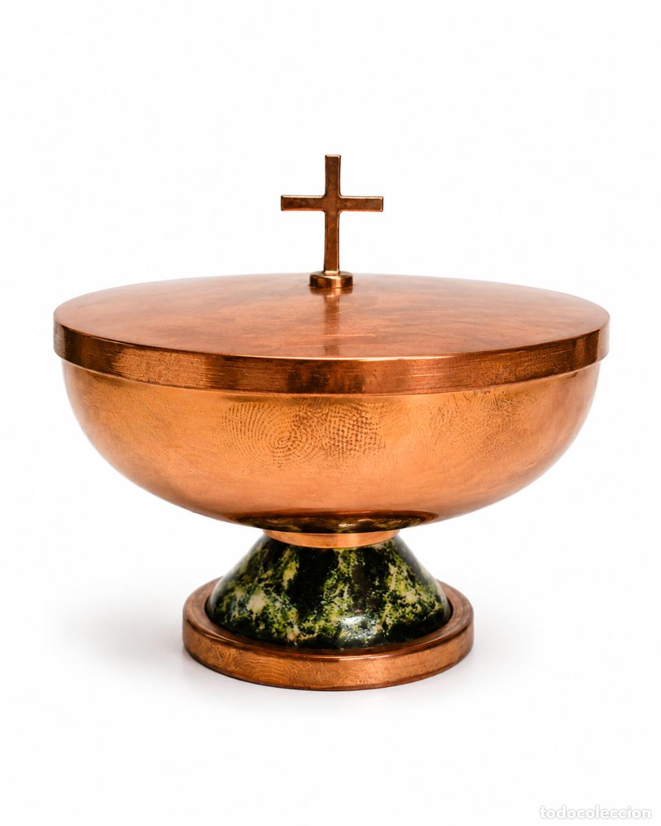 Antiques: Antiguo Cop&oacute;n, Ostiario para Lit&uacute;rgica - Cobre, Interior Dorado - Pie en Esmalte