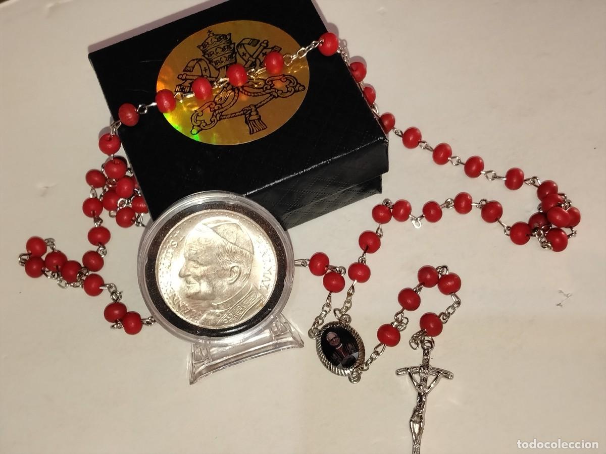 Antiguidades: PRECIOSO CONJUNTO DE MEDALLA PAPA JUAN PABLO II,PONTIFICE MAXIMO + ROSARIO PAPA L&Eacute;ON XIV