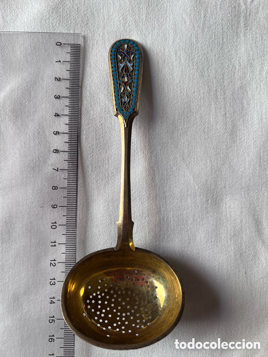 Antig&uuml;edades: Cuchara Colador Imperial Rusa Gustav Klingert, Plata Dorada 84 con Esmalte