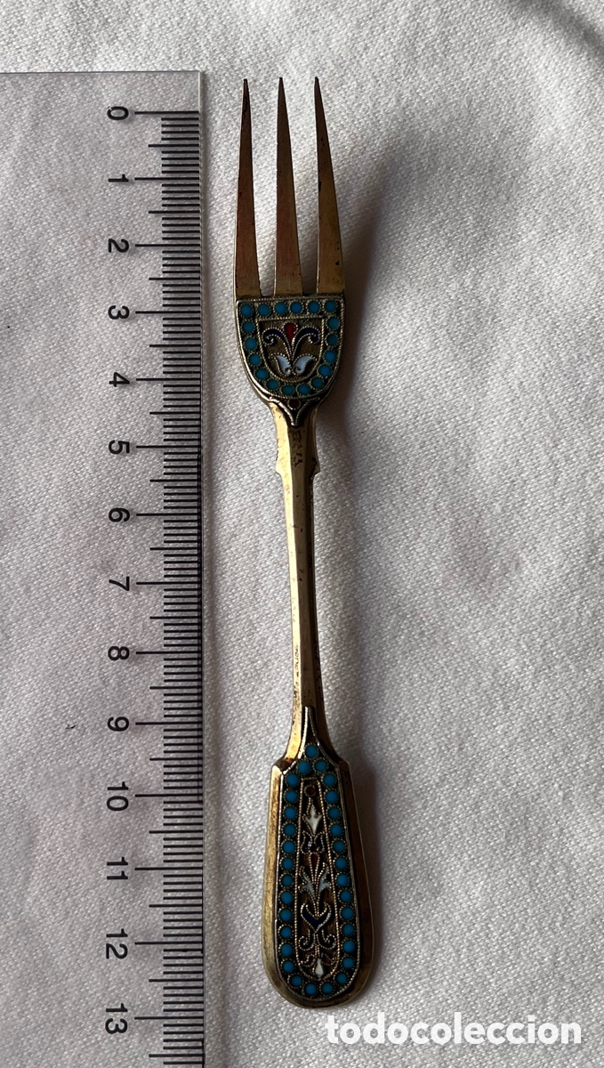 Antig&uuml;edades: Tenedor de Pastel Imperial Ruso &mdash; Gustav Klingert, Plata Dorada 84 con Esmalte Cloisonn&eacute; 1983