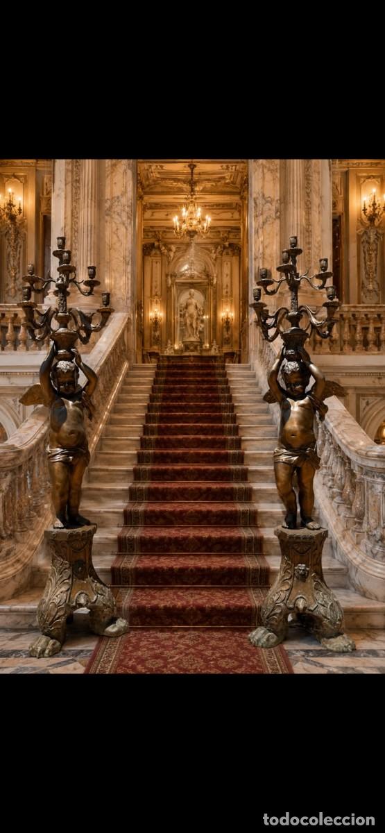 Antig&uuml;edades: Fant&aacute;stica pareja de candelabros de &aacute;ngeles alados en bronce, con 9 brazos.