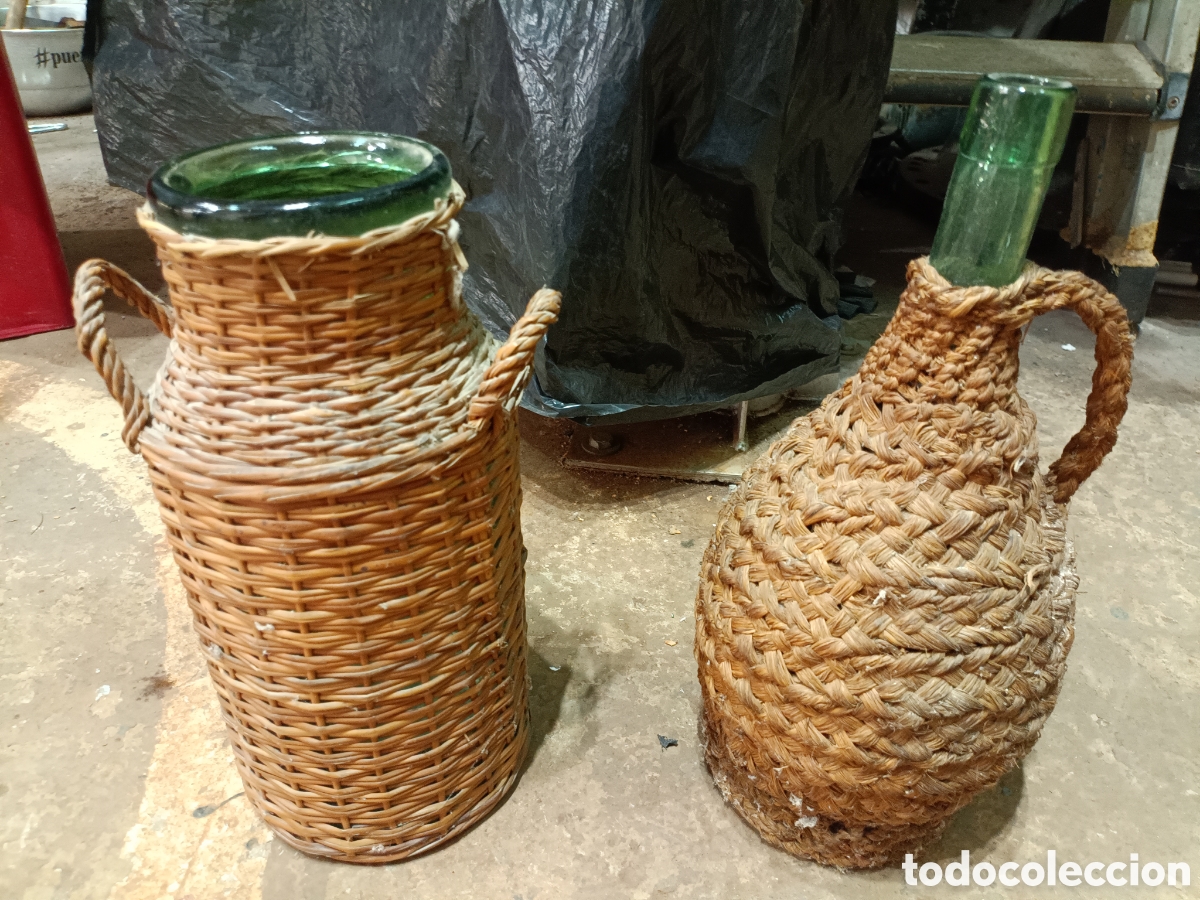 Antig&uuml;edades: Botella y tarro artesanal con mimbre