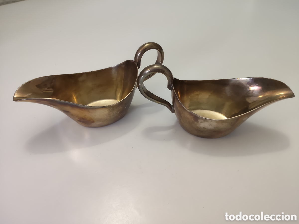 Antiguidades: Pareja de salseras antiguas ba&ntilde;adas en plata monarchy plate n serie 38445 made in england