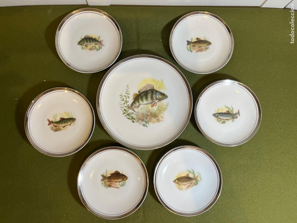 Antiguidades: Juego de pescado Silvestre porcelana vintage | Fuente y 6 platos decorados con peces | Vajilla a&ntilde;os
