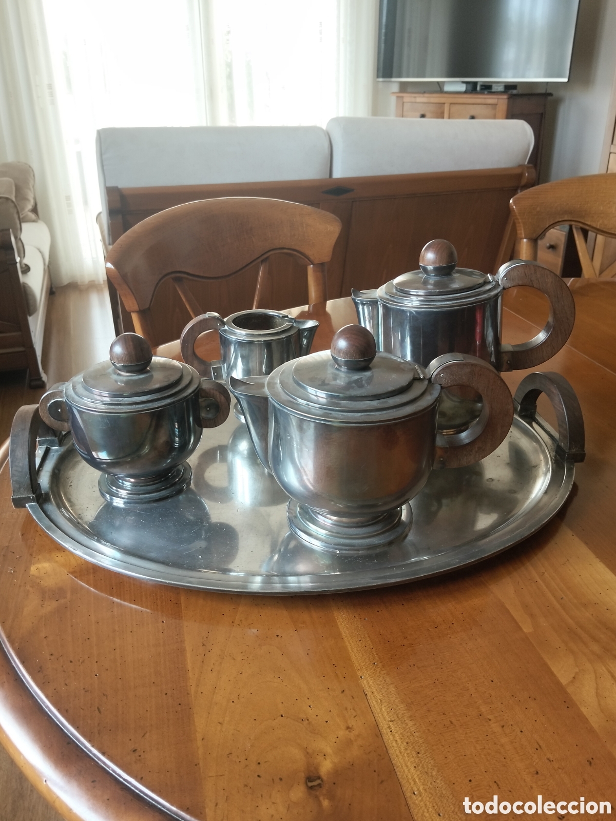 Antig&uuml;edades: Excepcional Servicio de Caf&eacute; y T&eacute; Art D&eacute;co Completo (5 Piezas) - Ba&ntilde;o de Plata y Asas de Madera - Or