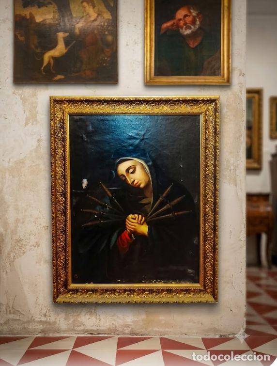 Antig&uuml;edades: marco madera dorado con pintura antigua de virgen dolorosa . ver fotos leer descripcion