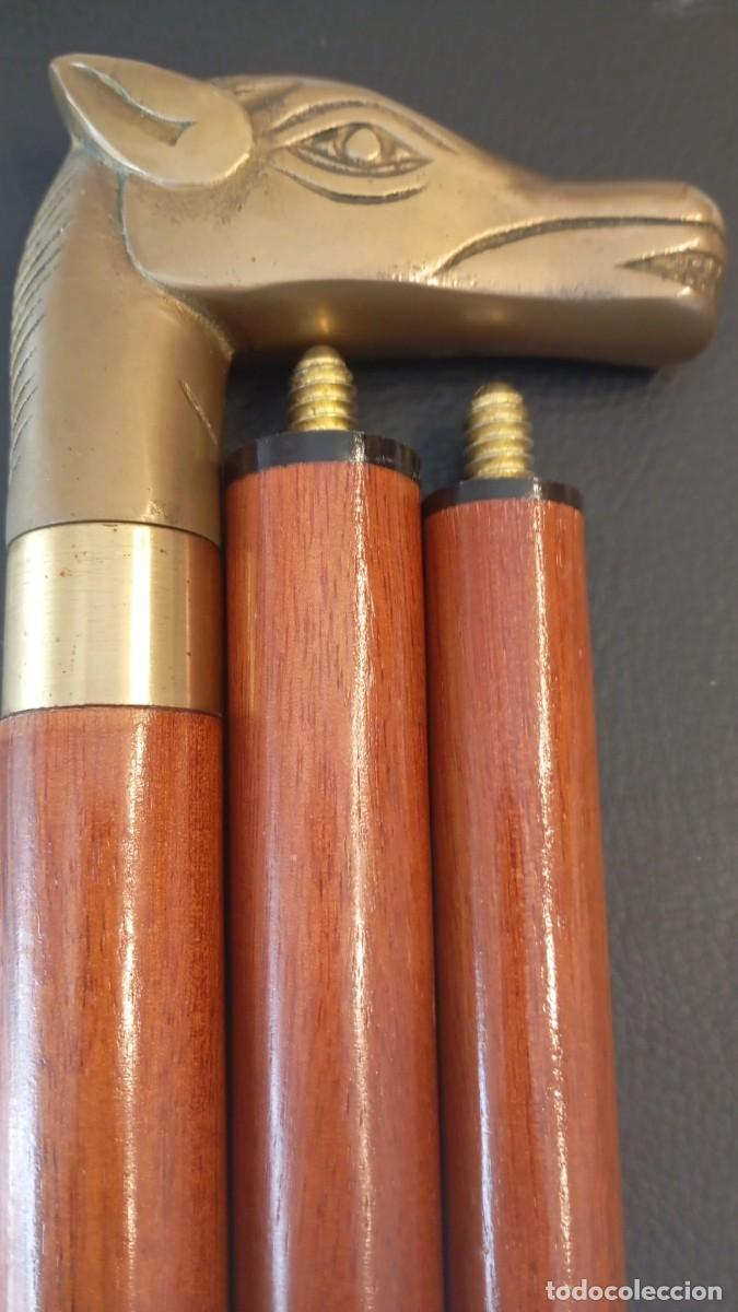 Antig&uuml;edades: Bast&oacute;n desmontable de madera con mango de bronce con forma de cabeza de caballo.