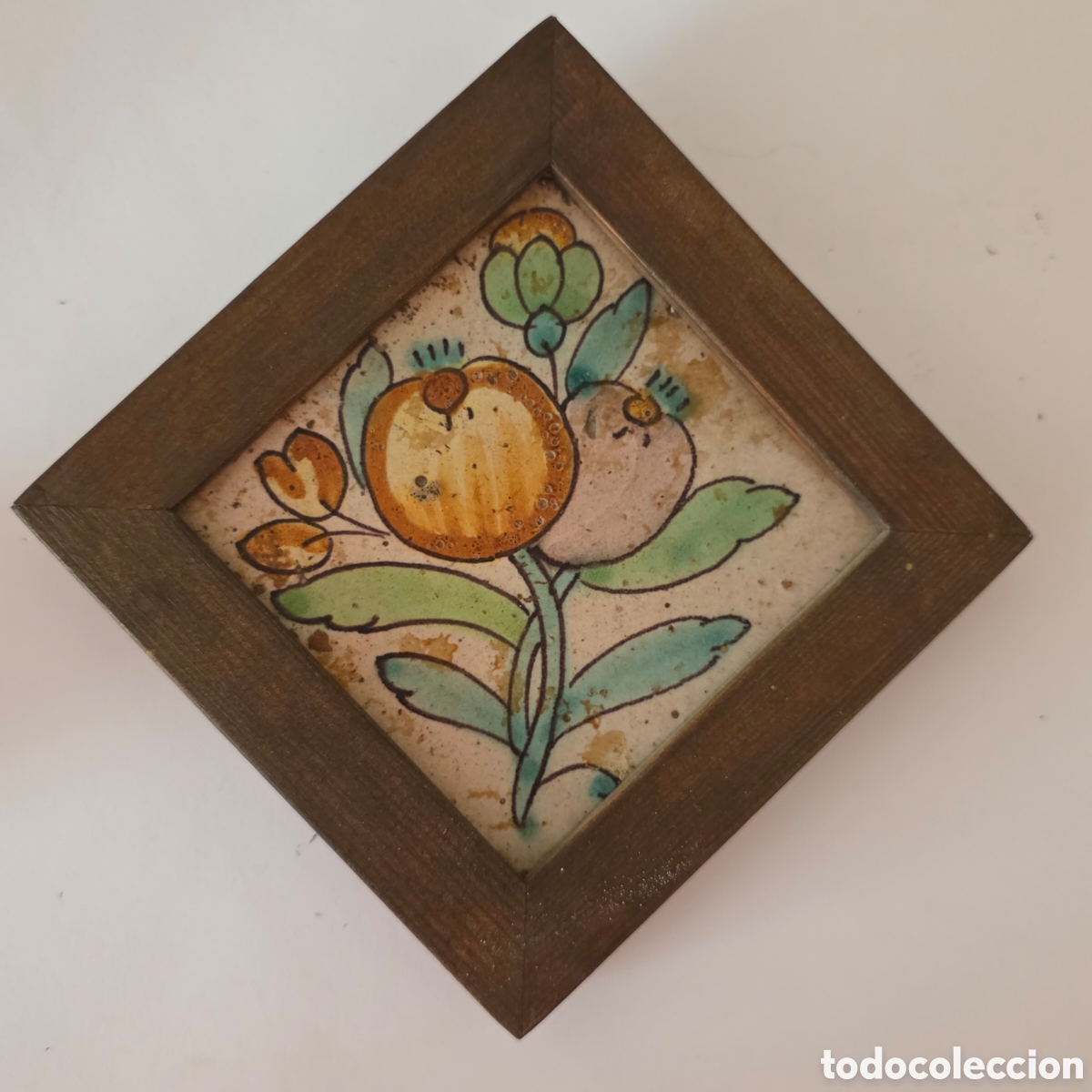 Antiguidades: ​Antiguo Azulejo de Muestra Catal&aacute;n S. XVIII - XIX - Motivo Floral Granada - 11,5x11,5 cm Con Marco