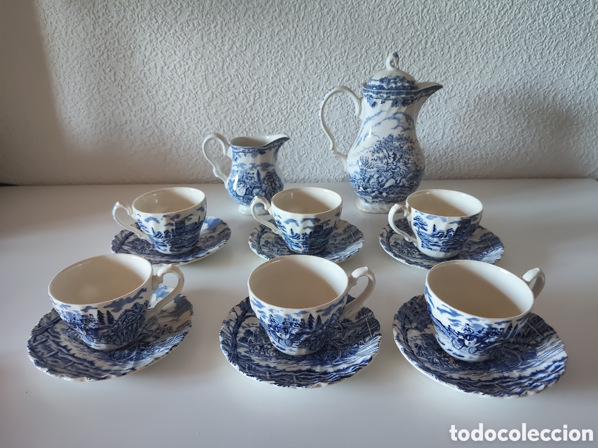 Antig&uuml;edades: Juego de te cer&aacute;mica blanca azul fina myott Royal mail country life staffordshire ware english scene