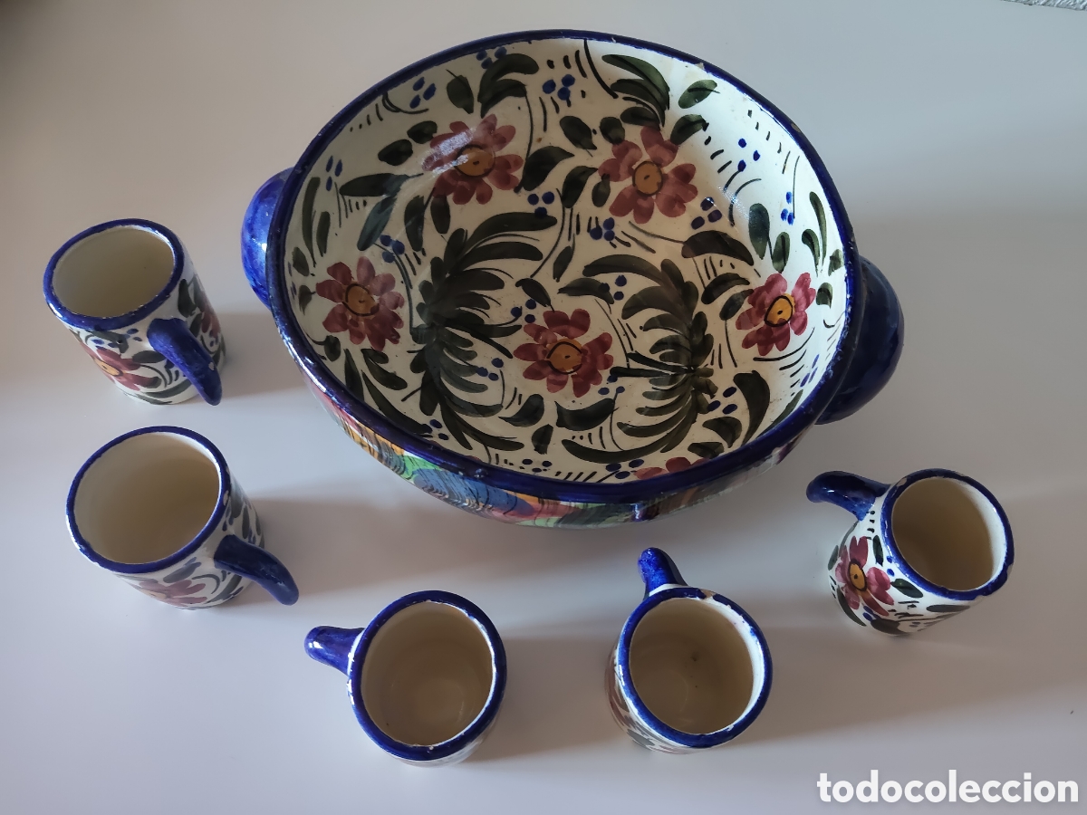 Antig&uuml;edades: Ensaladera cuenco grande y 5 tazas de cer&aacute;mica alfareria antigua popular vidriada motivos florales