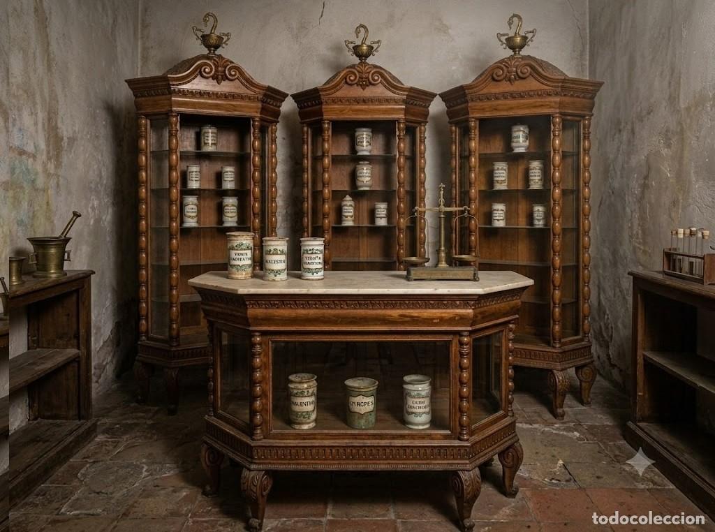 Oggetti Antichi: Conjunto Muebles antiguos Farmacia Botica. Mostrador antiguo + 3 Vitrina antigua ingl&eacute;s Victoriano