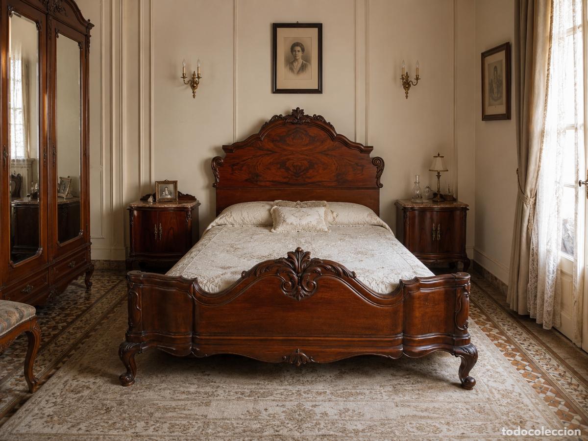 Antiquit&eacute;s: Cama antigua con mesitas de noche antiguas estilo Luis XV. Mesillas dormitorio Isabelino ingl&eacute;s.