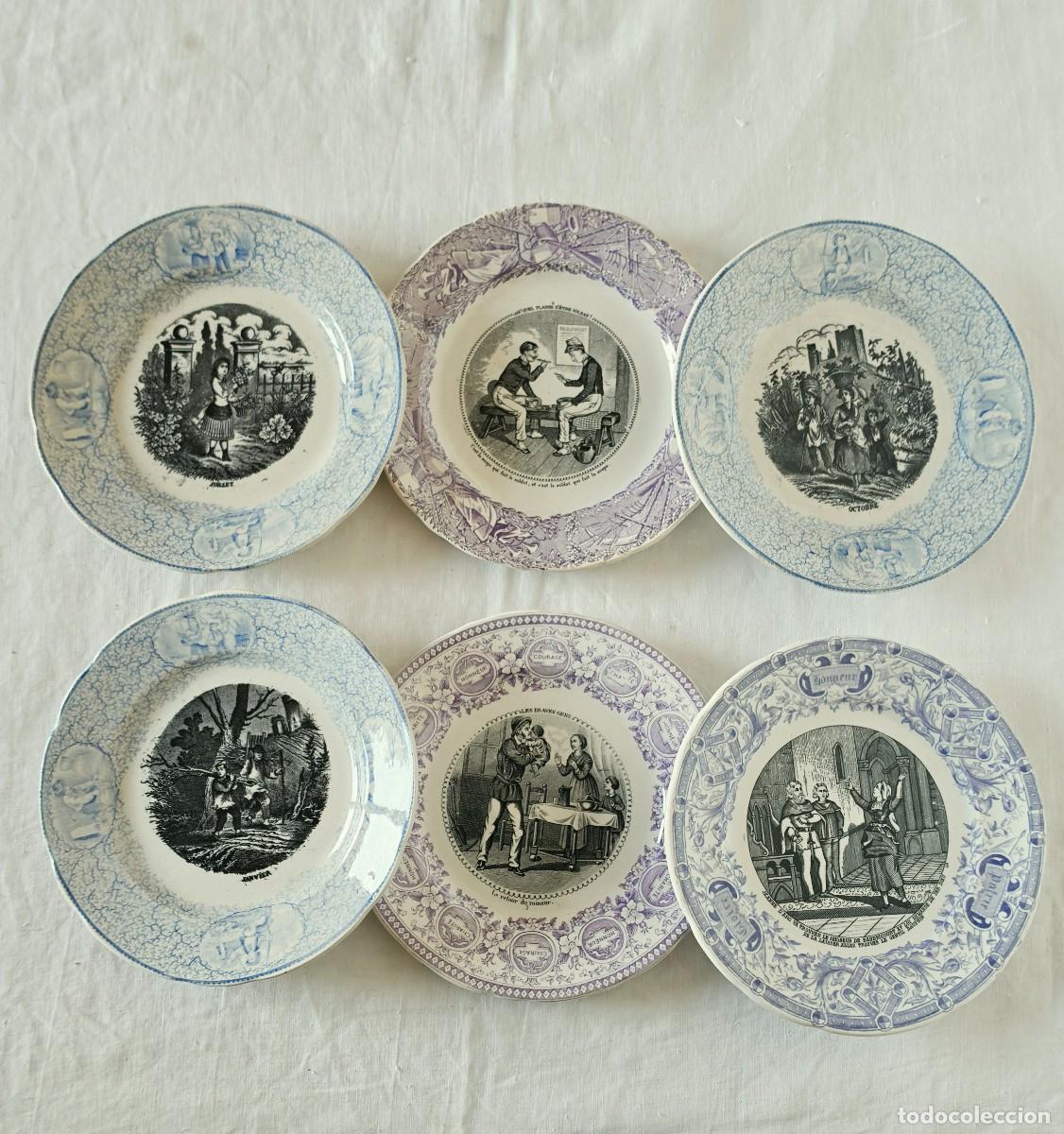 Antig&uuml;edades: Exquisito y escaso lote de 6 platos llanos franceses de loza fina (fa&iuml;ence) del siglo XIX