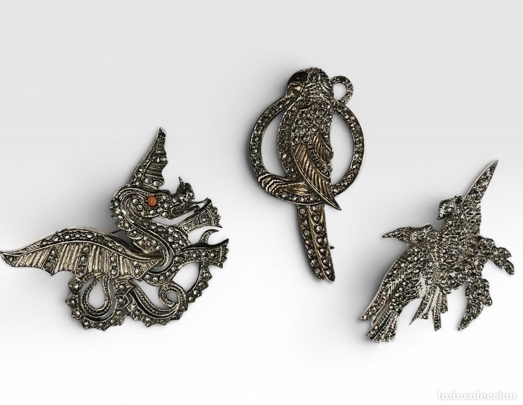 Antig&uuml;edades: 3 prendedores vintage de plata de ley y marquesitas :dragon, pajaros