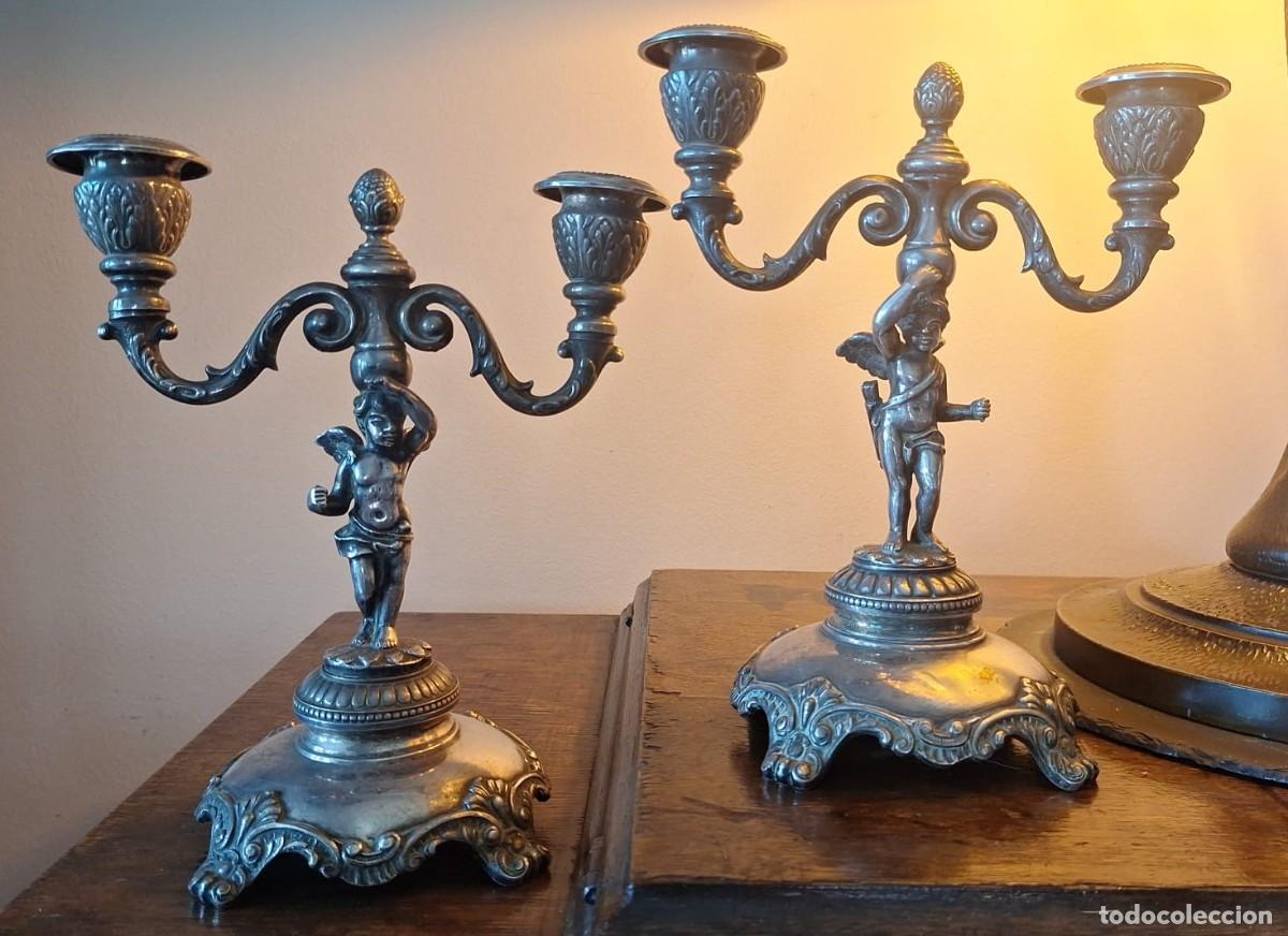 Antig&uuml;edades: Pareja de Candelabros Dos Luces Querub&iacute;n - Foto 1