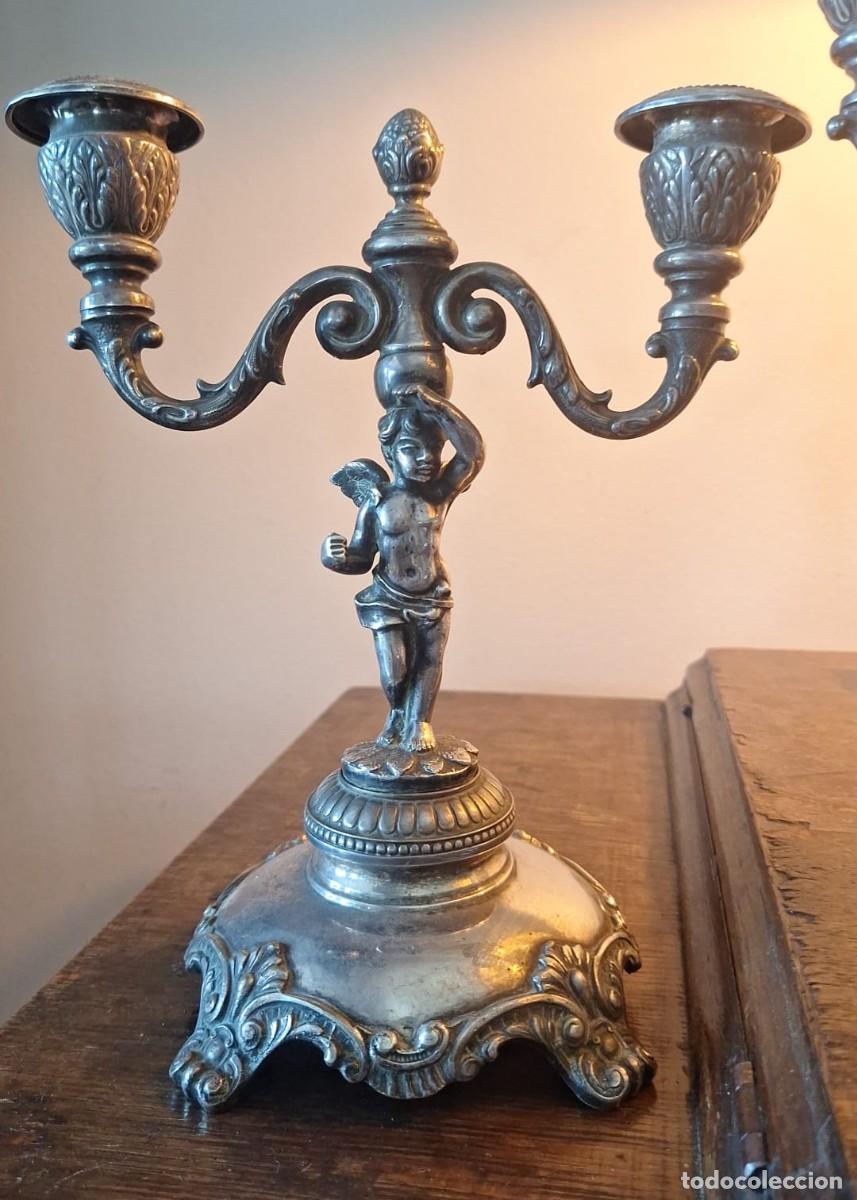 Antig&uuml;edades: Pareja de Candelabros Dos Luces Querub&iacute;n - Foto 2