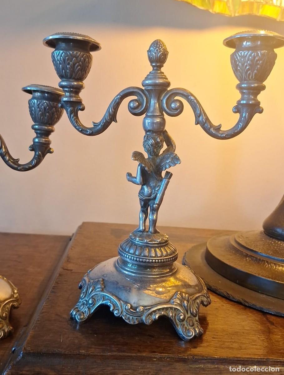 Antig&uuml;edades: Pareja de Candelabros Dos Luces Querub&iacute;n - Foto 3